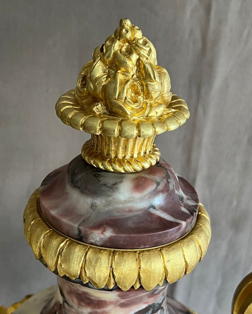 Pair Of Cassolettes In Violet Breche Marble And Gilt Bronze 19th Century-photo-2