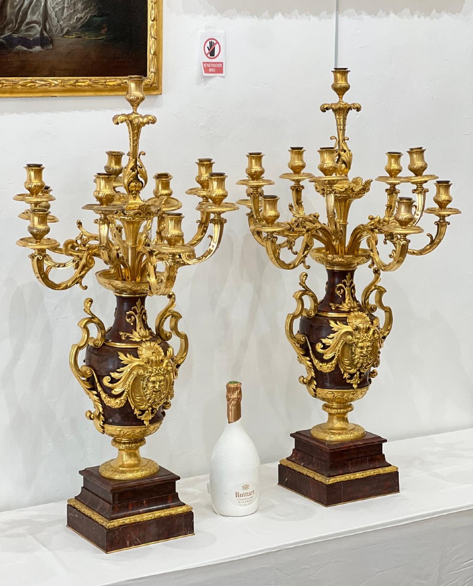 Paire de candélabres en bronze doré et marbre griotte à 10 bras XIXème siècle-photo-3