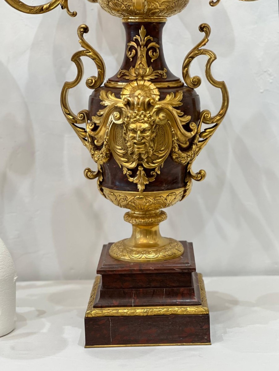 Paire de candélabres en bronze doré et marbre griotte à 10 bras XIXème siècle-photo-4