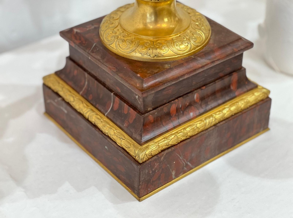 Paire de candélabres en bronze doré et marbre griotte à 10 bras XIXème siècle-photo-2