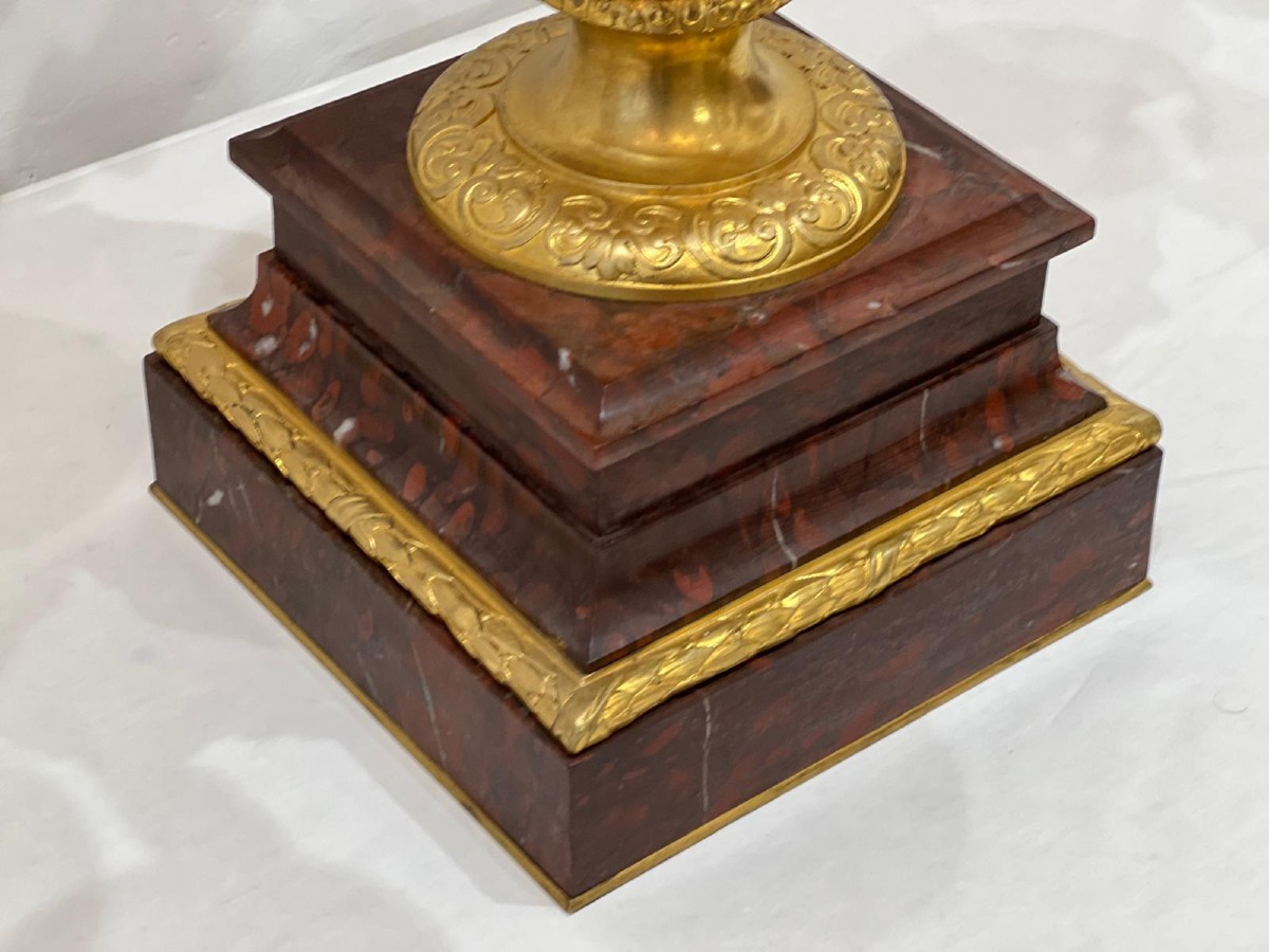 Paire de candélabres en bronze doré et marbre griotte à 10 bras XIXème siècle-photo-3