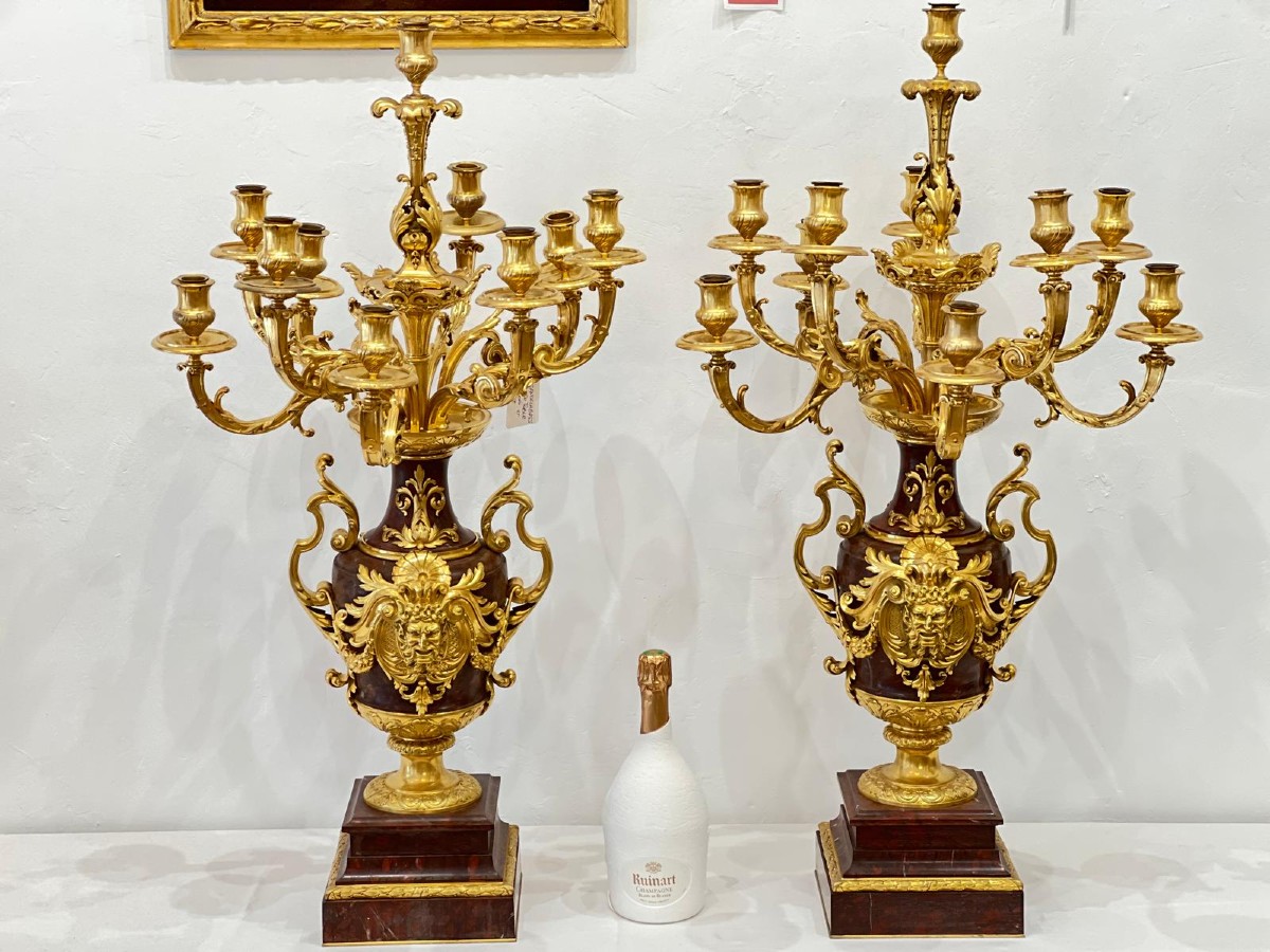 Paire de candélabres en bronze doré et marbre griotte à 10 bras XIXème siècle