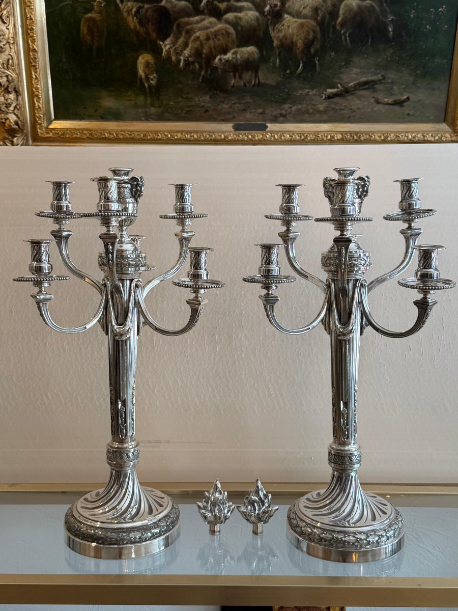 Pair Of Silver-plated Bronze Candelabra-photo-2