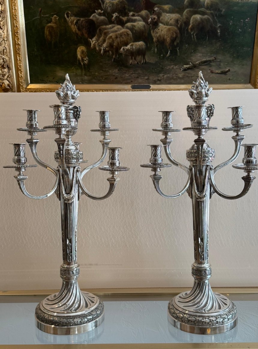 Pair Of Silver-plated Bronze Candelabra