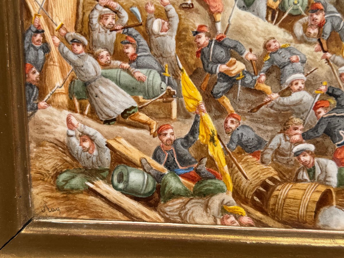 Plaque en porcelaine peinte – La prise de la Tour de Malakoff, siège de Sébastopol (1855)-photo-1