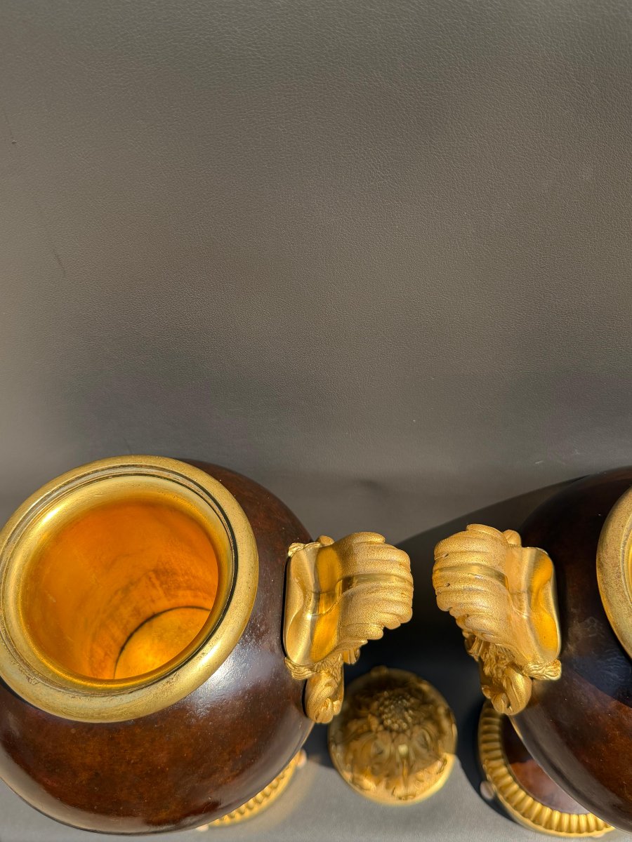 Pair Of Neoclassical Casserole Dishes In Patinated Bronze And Gilded Bronze – 19th Century-photo-5