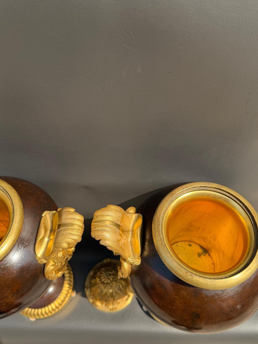 Pair Of Neoclassical Casserole Dishes In Patinated Bronze And Gilded Bronze – 19th Century-photo-6