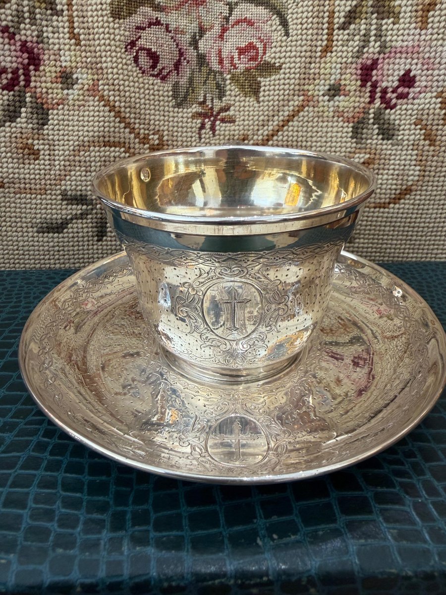 Solid Silver Cup And Saucer, Minerve 950, 19th Century-photo-2