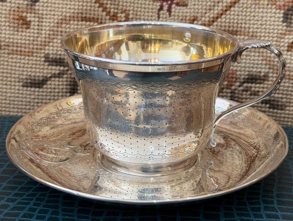 Solid Silver Cup And Saucer, Minerve 950, 19th Century-photo-4