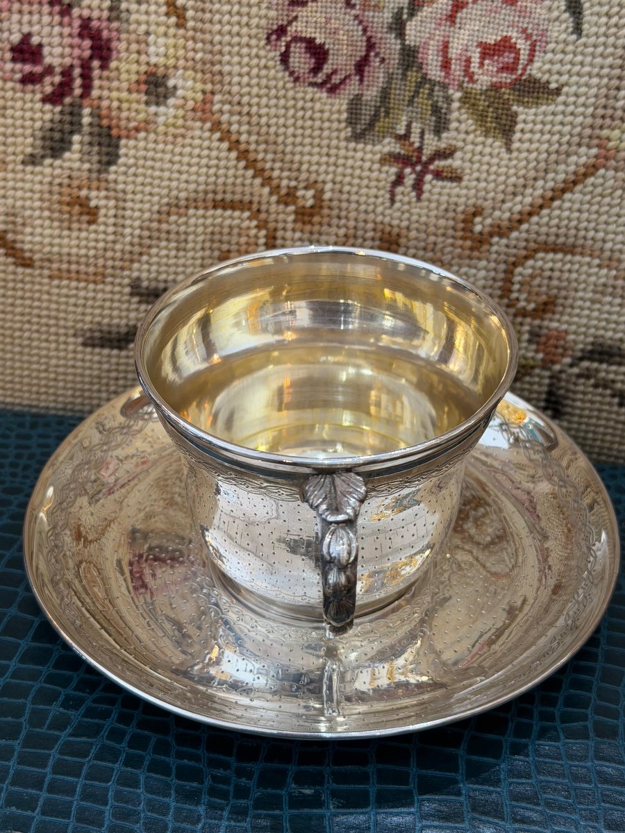 Solid Silver Cup And Saucer, Minerve 950, 19th Century-photo-6