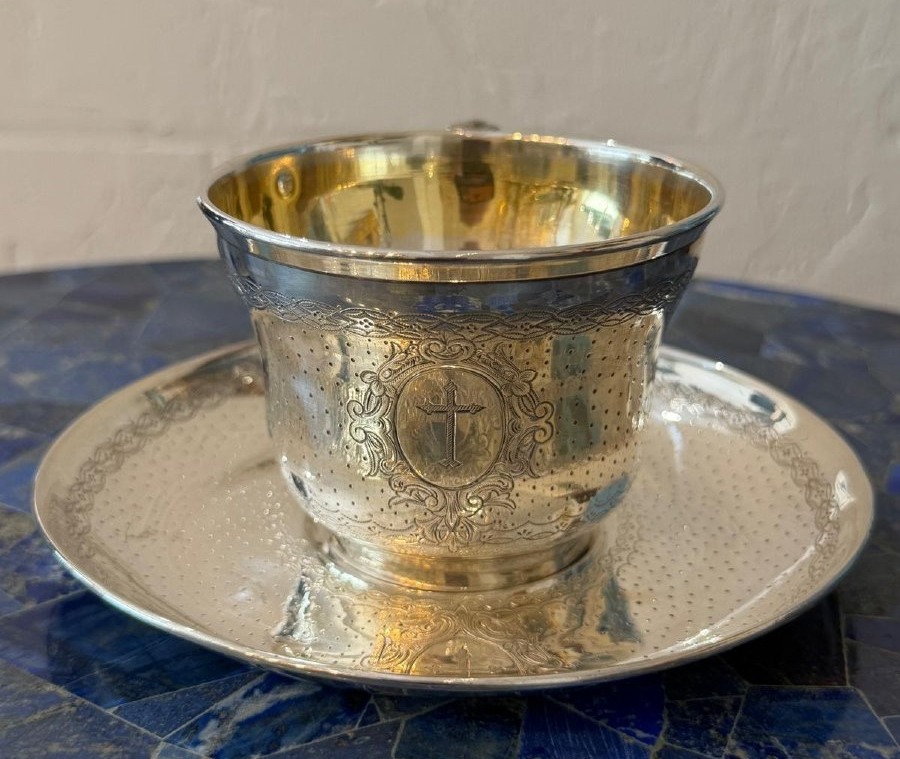 Solid Silver Cup And Saucer, Minerve 950, 19th Century