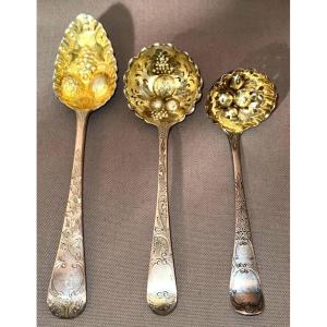 3 Different Spoons For Serving Dessert In Sterling Silver, English Early Nineteenth