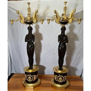 Pair Of Very Important Empire Period Candelabra In Patina And Gilt Bronze