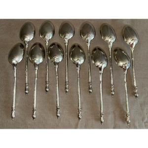 12 Tea Spoons In Sterling Silver, Russian Handle