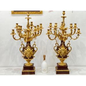 Paire de candélabres en bronze doré et marbre griotte à 10 bras XIXème siècle