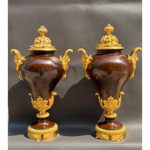 Pair Of Neoclassical Casserole Dishes In Patinated Bronze And Gilded Bronze – 19th Century