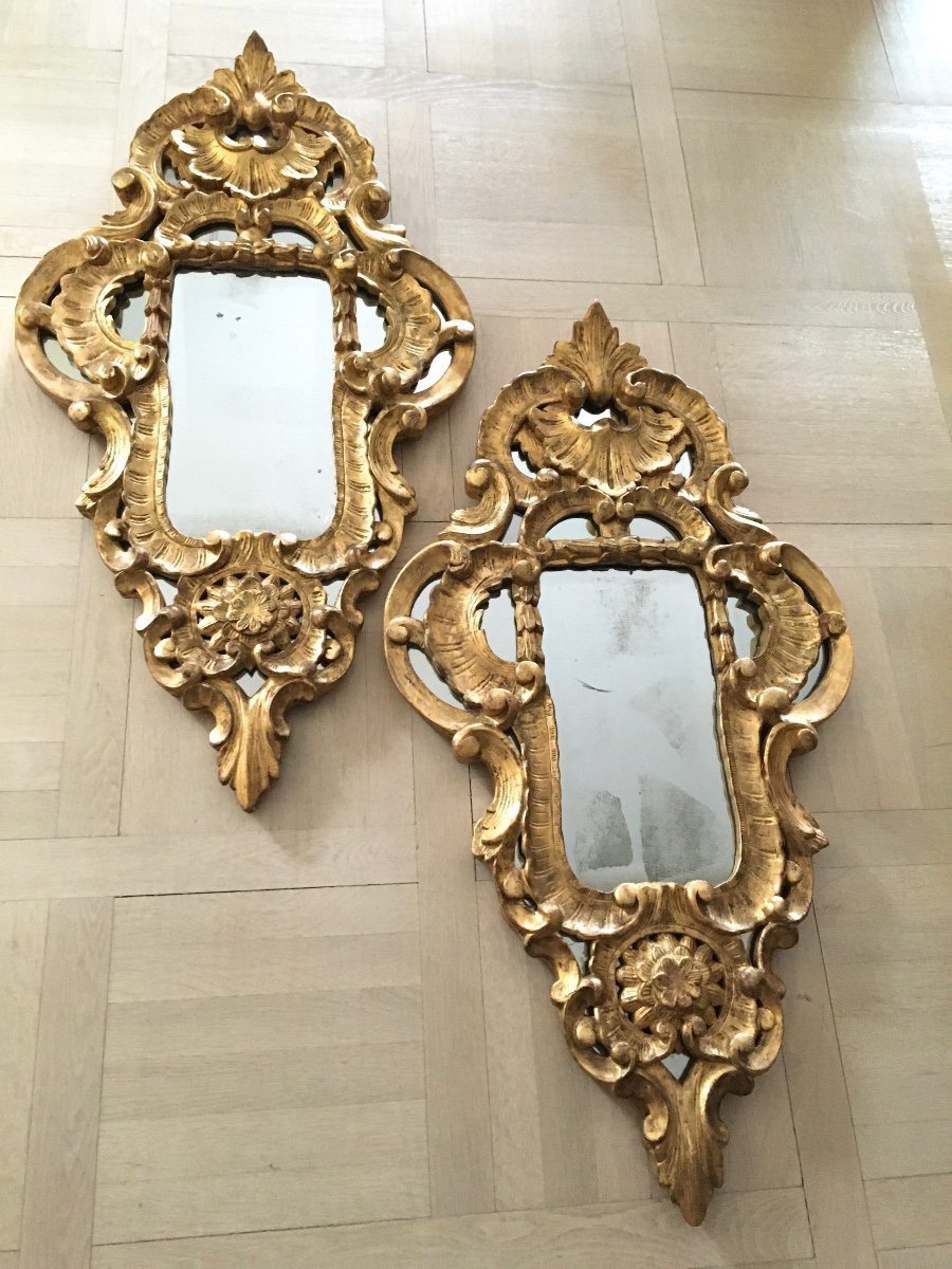 Paire De Grands Miroirs, En Bois Doré Sculpté, Italie, 19ème-photo-4