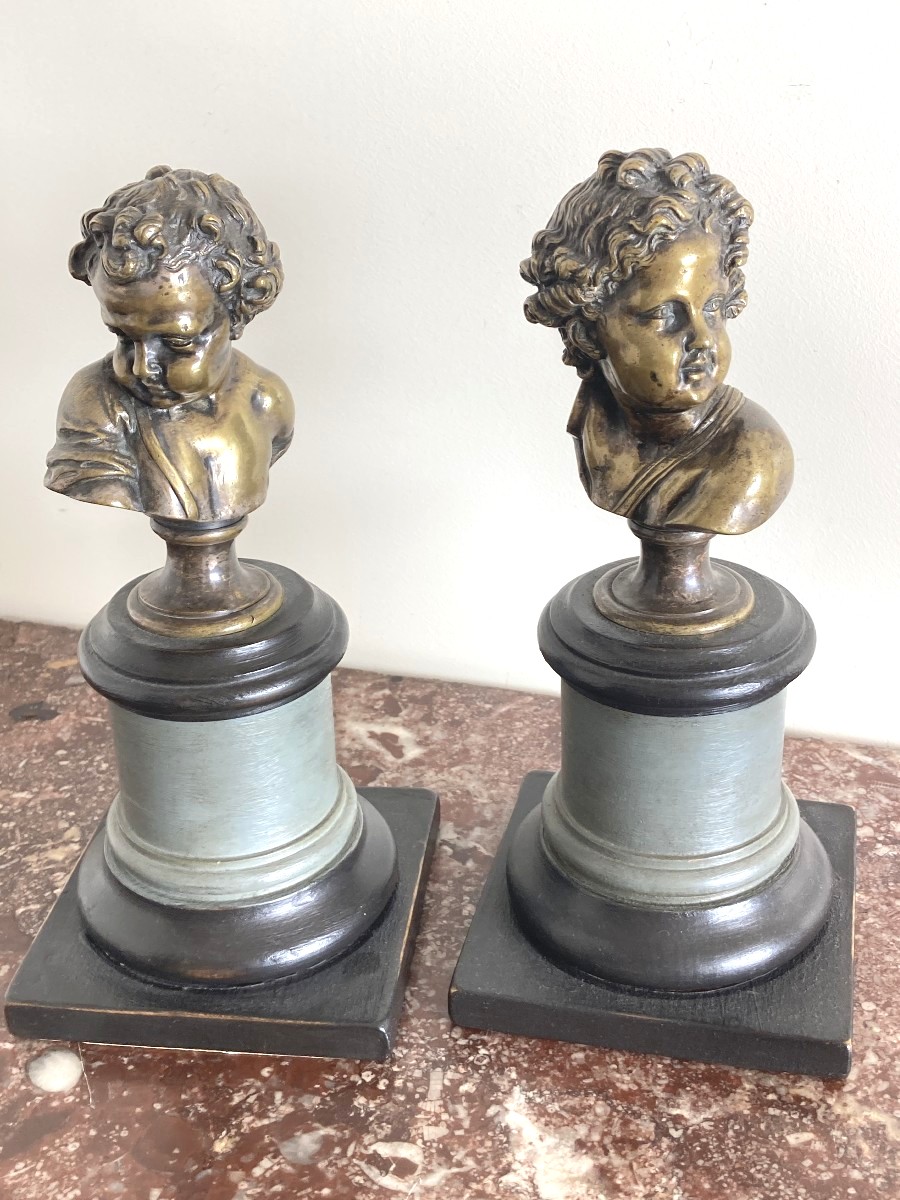 Paire de bustes de jeunes enfants en Bronze Argenté - 18 ème-photo-3