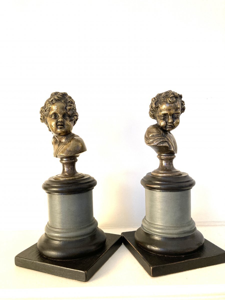Pair Of Busts Of Young Children In Silvered Bronze - 18th-photo-4