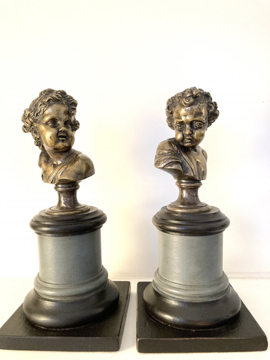 Paire de bustes de jeunes enfants en Bronze Argenté - 18 ème-photo-1
