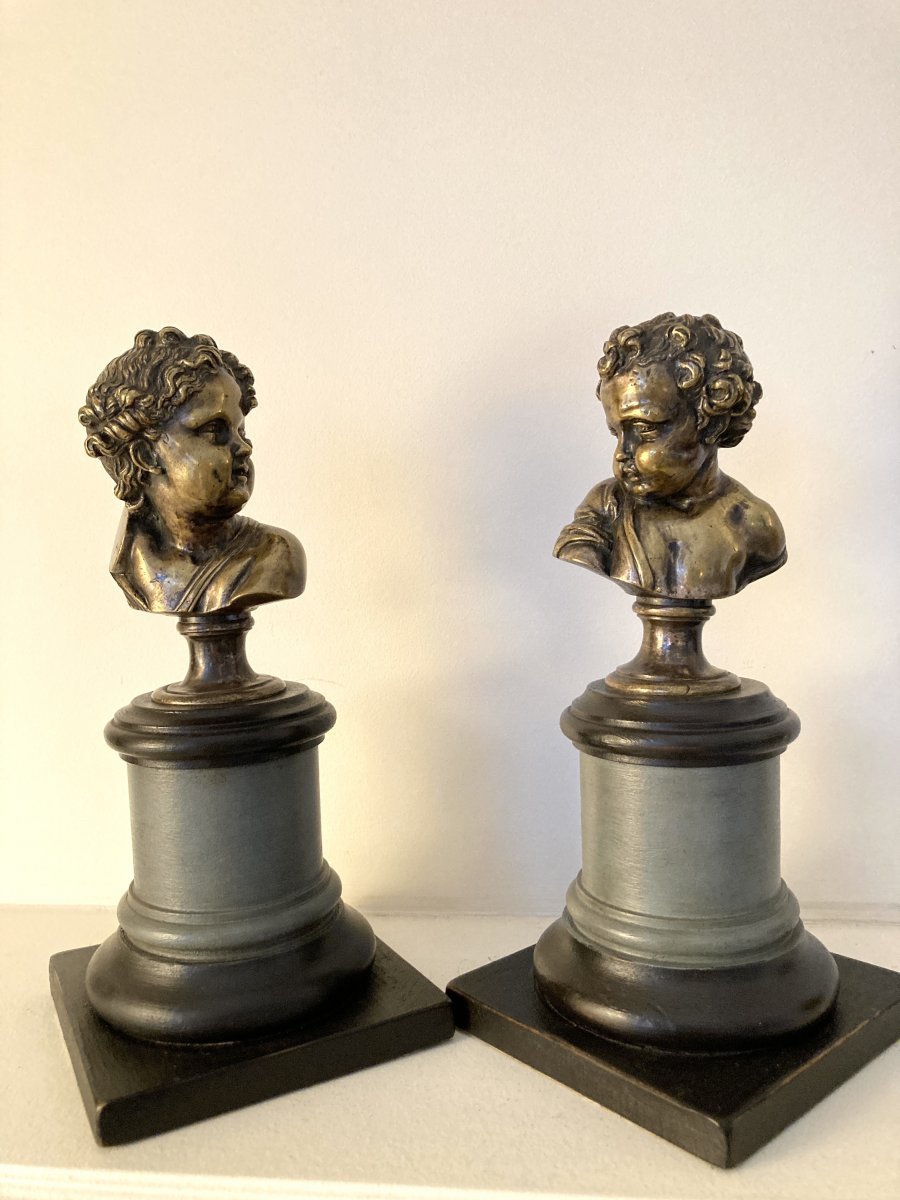 Paire de bustes de jeunes enfants en Bronze Argenté - 18 ème-photo-4