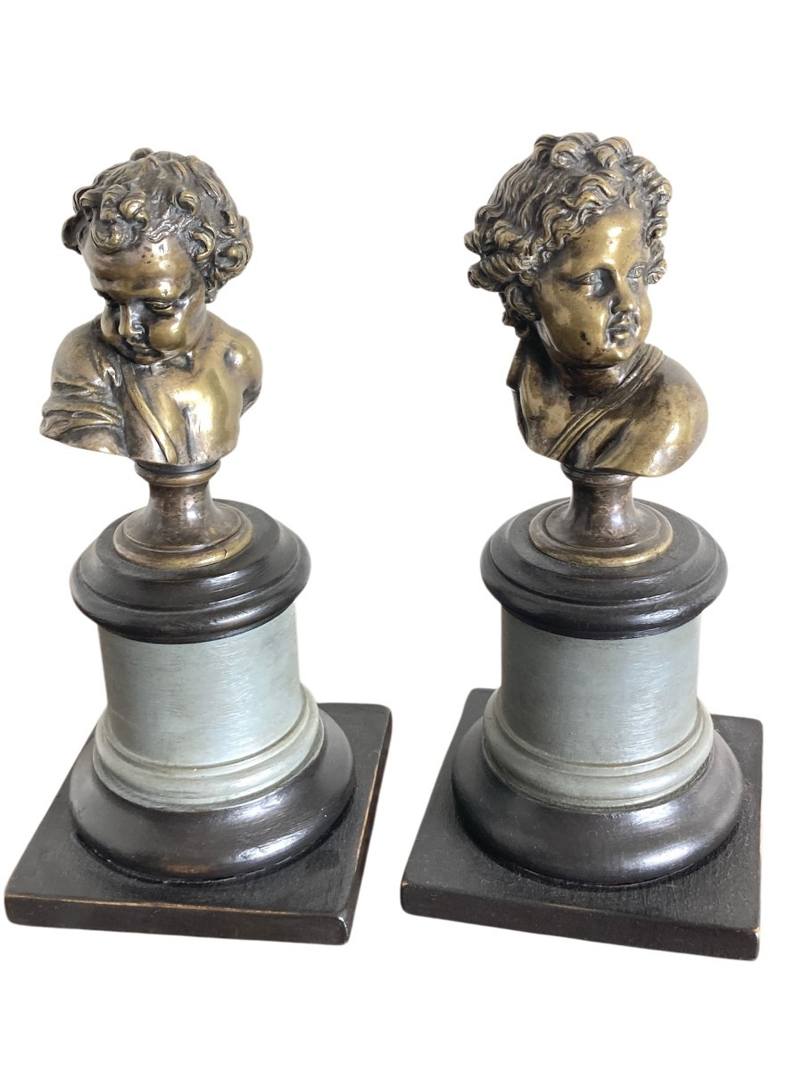 Paire de bustes de jeunes enfants en Bronze Argenté - 18 ème