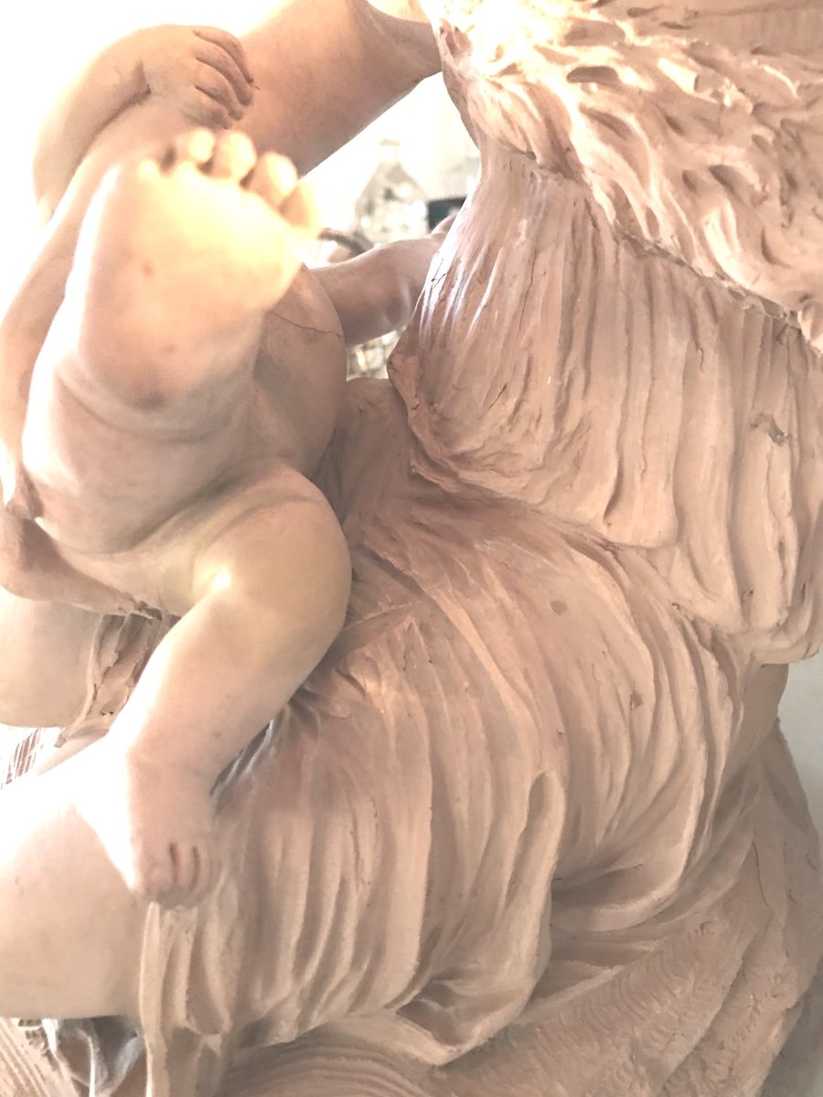 Sculpture en Terre Cuite, Femme avec son enfant - Travail Français Fin 19ème F-photo-2