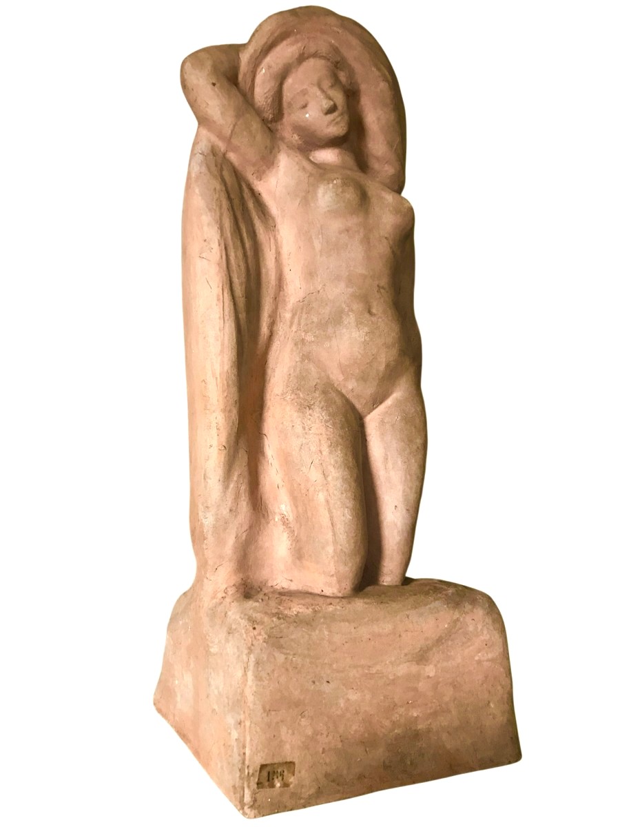 Sculpture En Terre Cuite, Baigneuse Nue, Signée Alfred Jean Halou, Début 20ème 1910/1920 