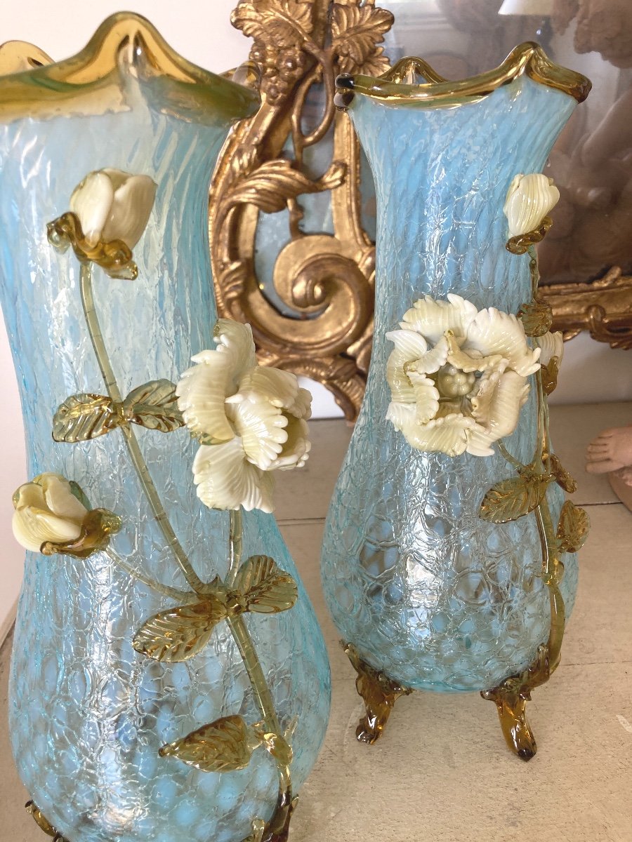 Paire de Vases en verre granité, montées en lampes, Manufacture de Clichy, Art Nouveau-photo-2