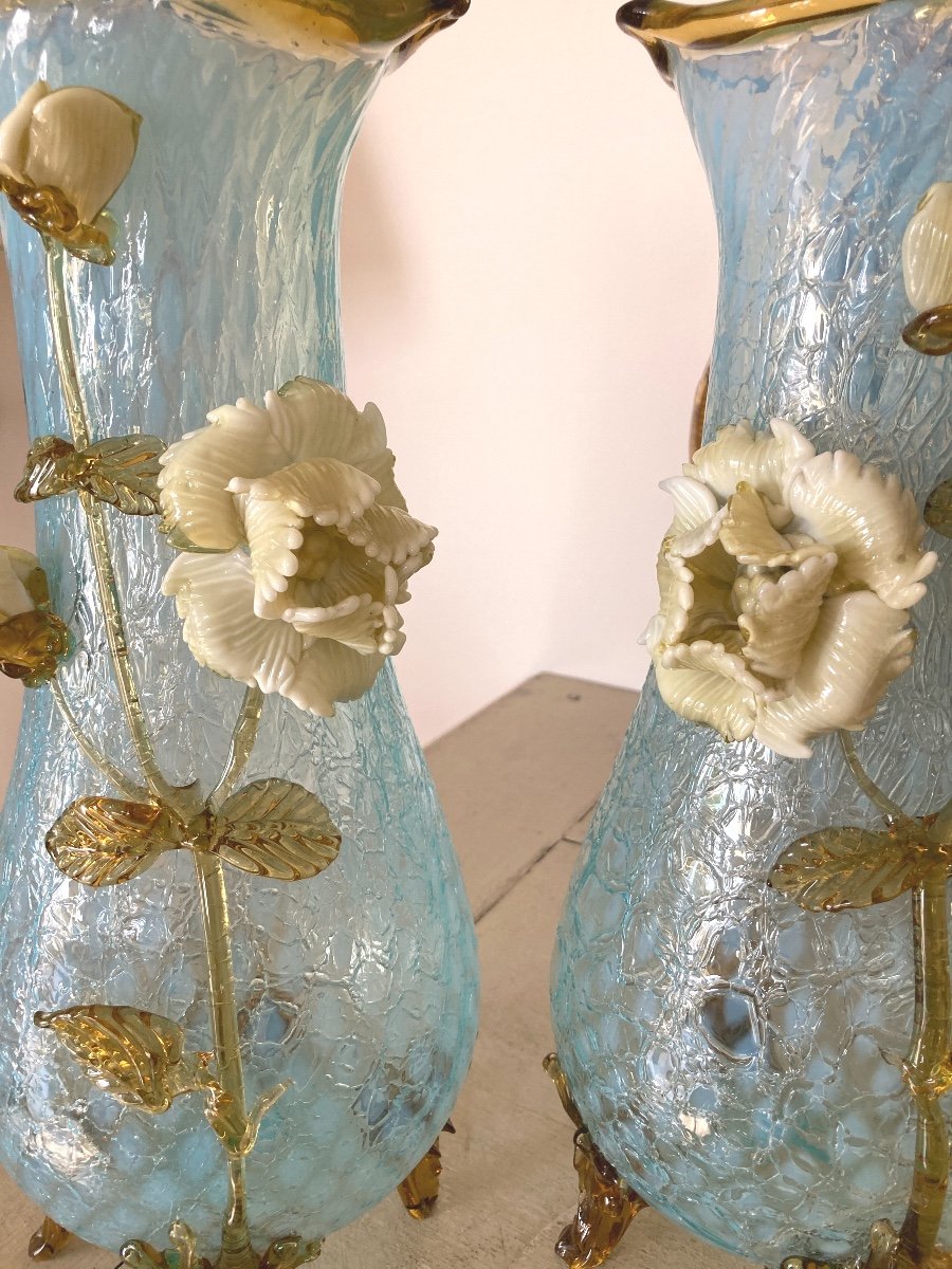 Paire de Vases en verre granité, montées en lampes, Manufacture de Clichy, Art Nouveau-photo-3