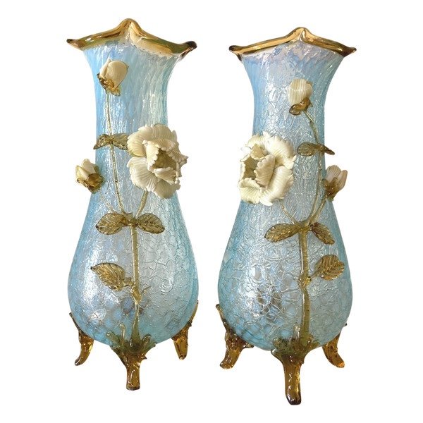 Paire de Vases en verre granité, montées en lampes, Manufacture de Clichy, Art Nouveau