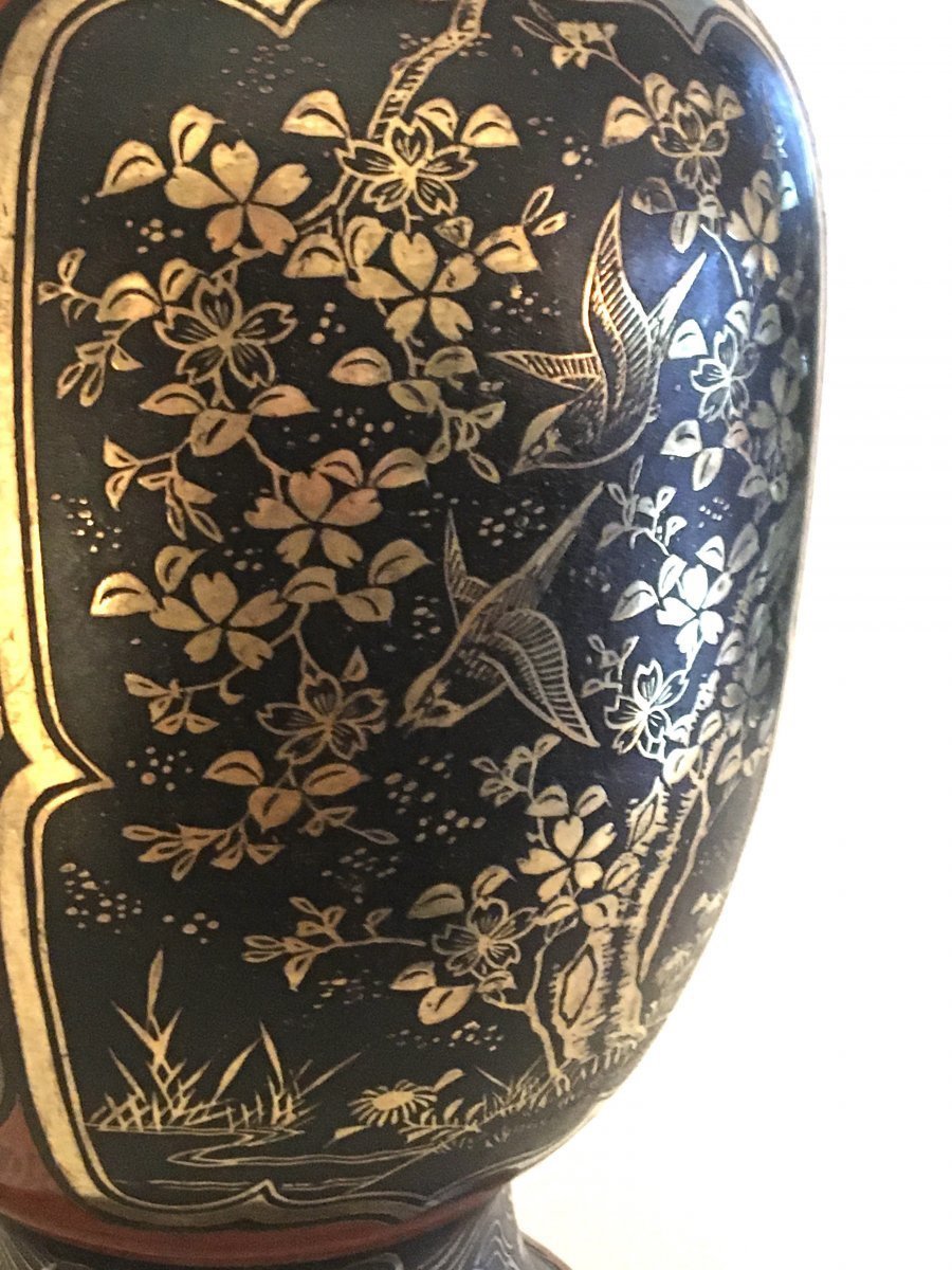 Vase Japonais en Dinanderie, Laqué, Incrusté d'Or et d'Argent, Meiji 19ème-photo-8