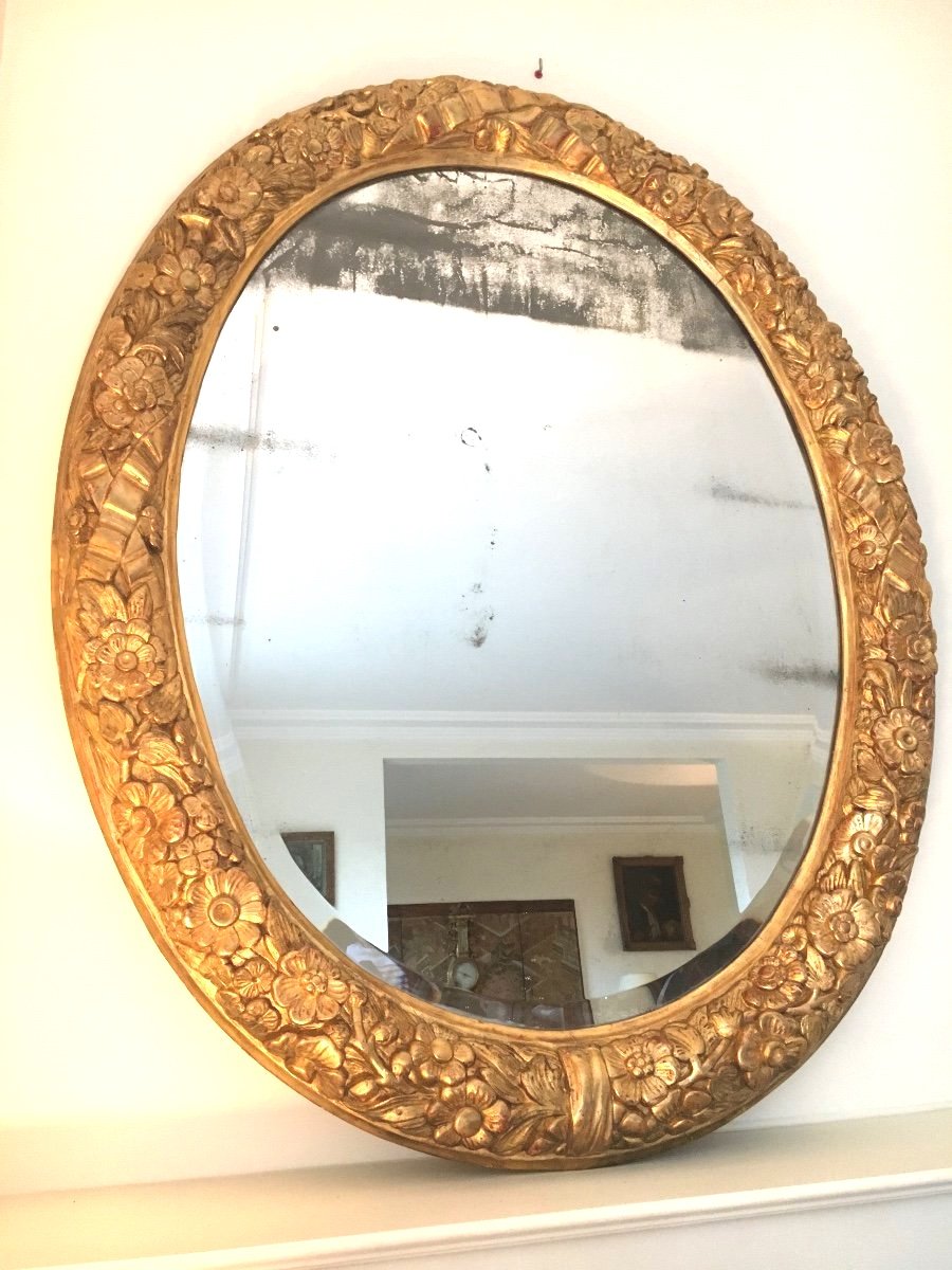 Miroir ovale en bois doré, Grande dimension 125 cm - Travail Français d'époque 18ème-photo-2