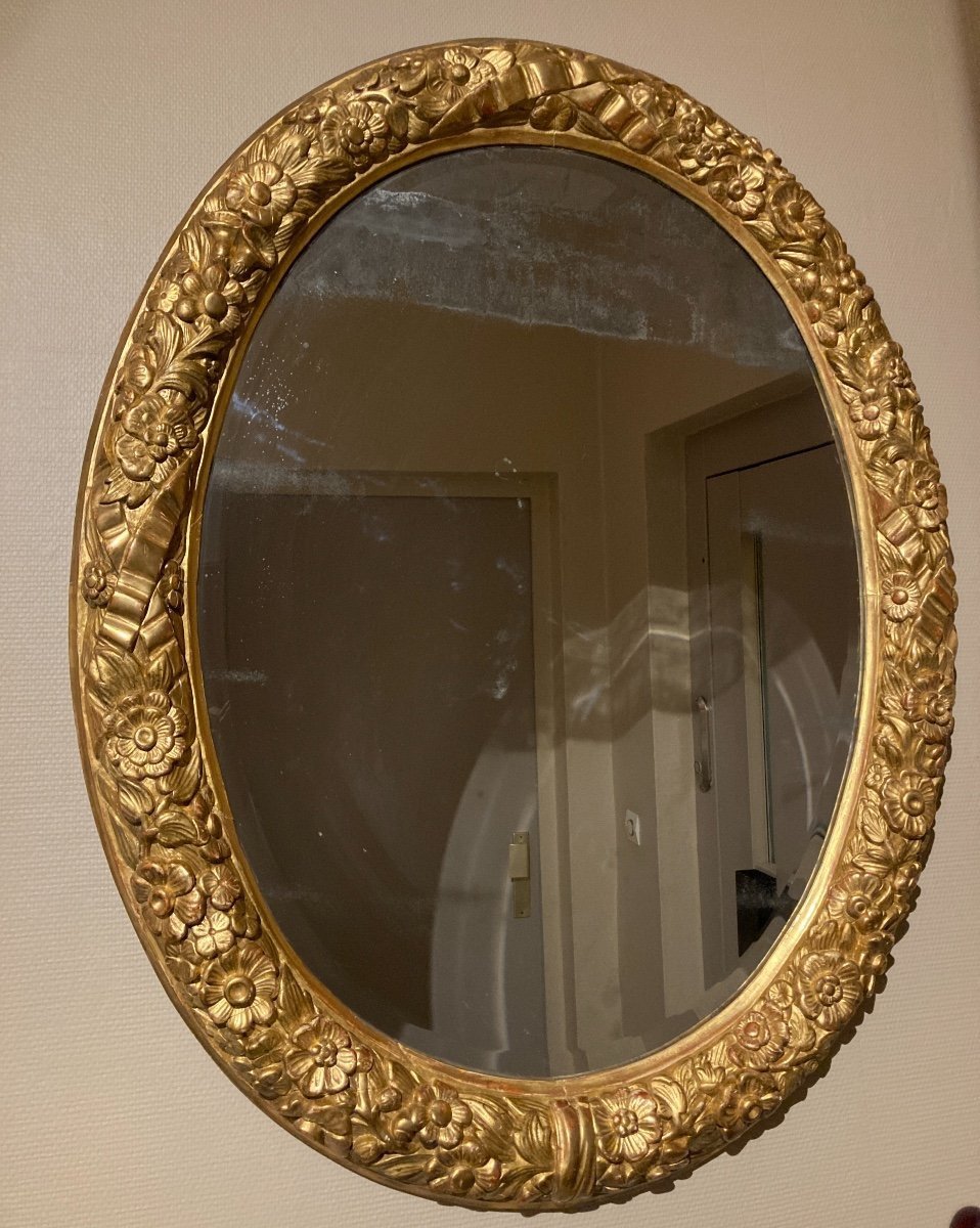 Miroir ovale en bois doré, Grande dimension 125 cm - Travail Français d'époque 18ème-photo-3