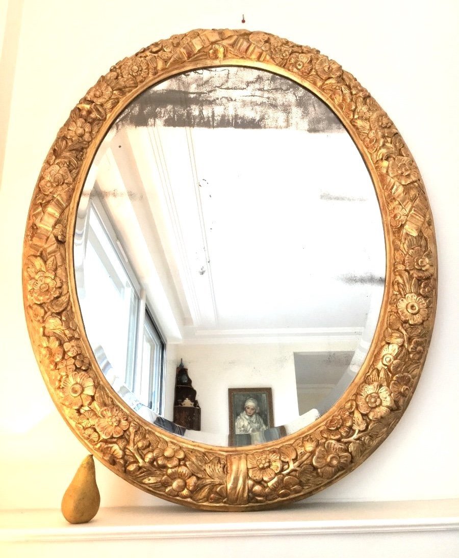 Miroir ovale en bois doré, Grande dimension 125 cm - Travail Français d'époque 18ème-photo-7