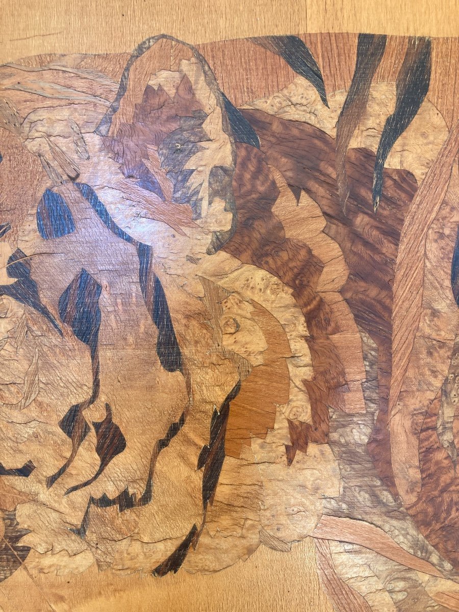 Exotic Wood Marquetry Panel, Benghale Tiger, Signed Rosenau, Circa 1930-photo-2