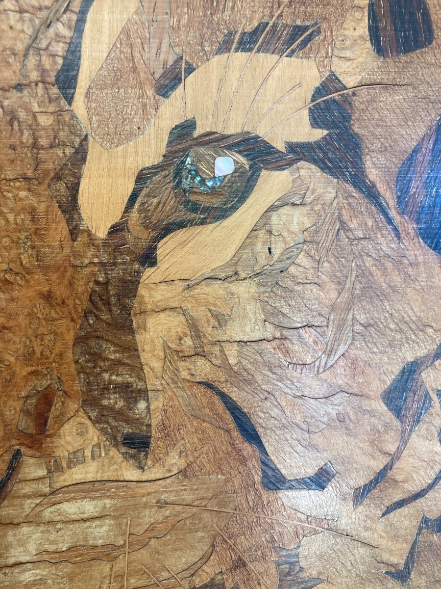 Exotic Wood Marquetry Panel, Benghale Tiger, Signed Rosenau, Circa 1930-photo-1
