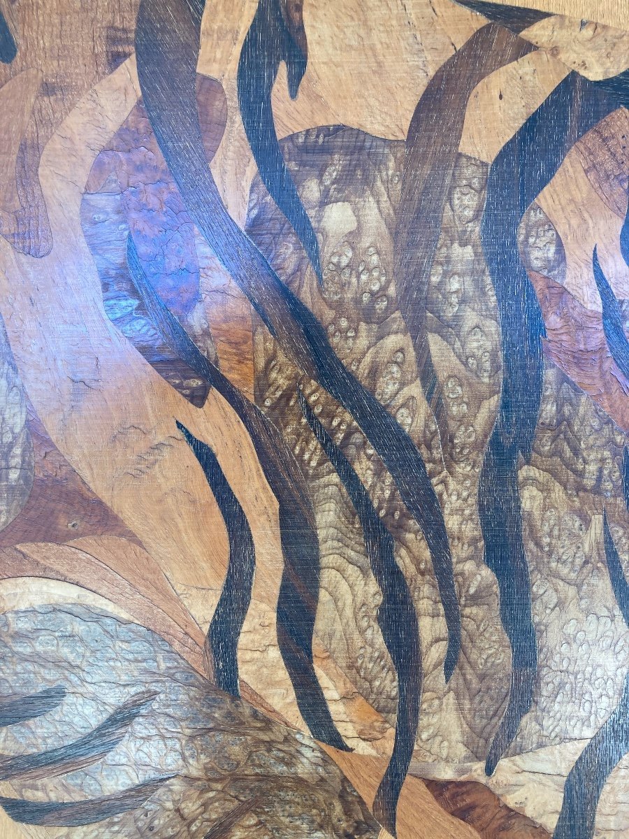 Exotic Wood Marquetry Panel, Benghale Tiger, Signed Rosenau, Circa 1930-photo-2