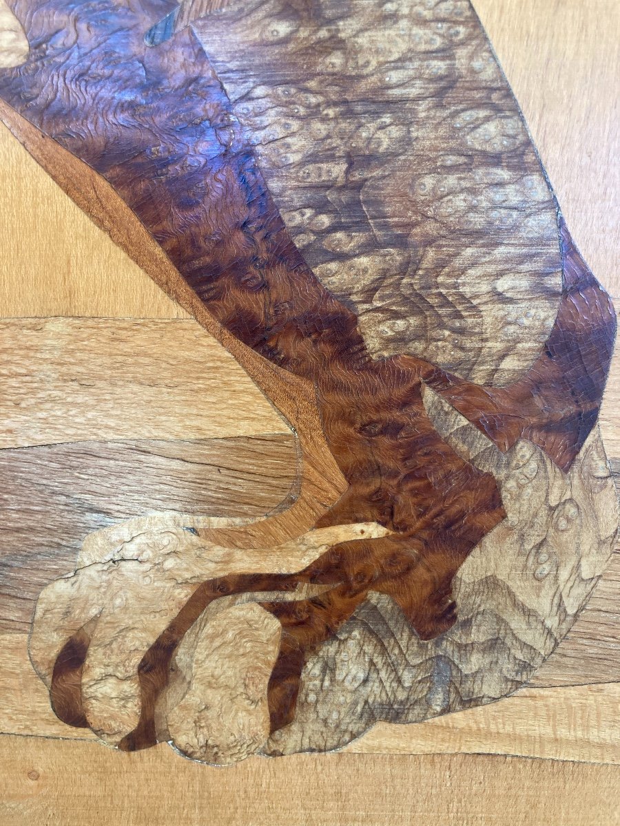 Exotic Wood Marquetry Panel, Benghale Tiger, Signed Rosenau, Circa 1930-photo-5