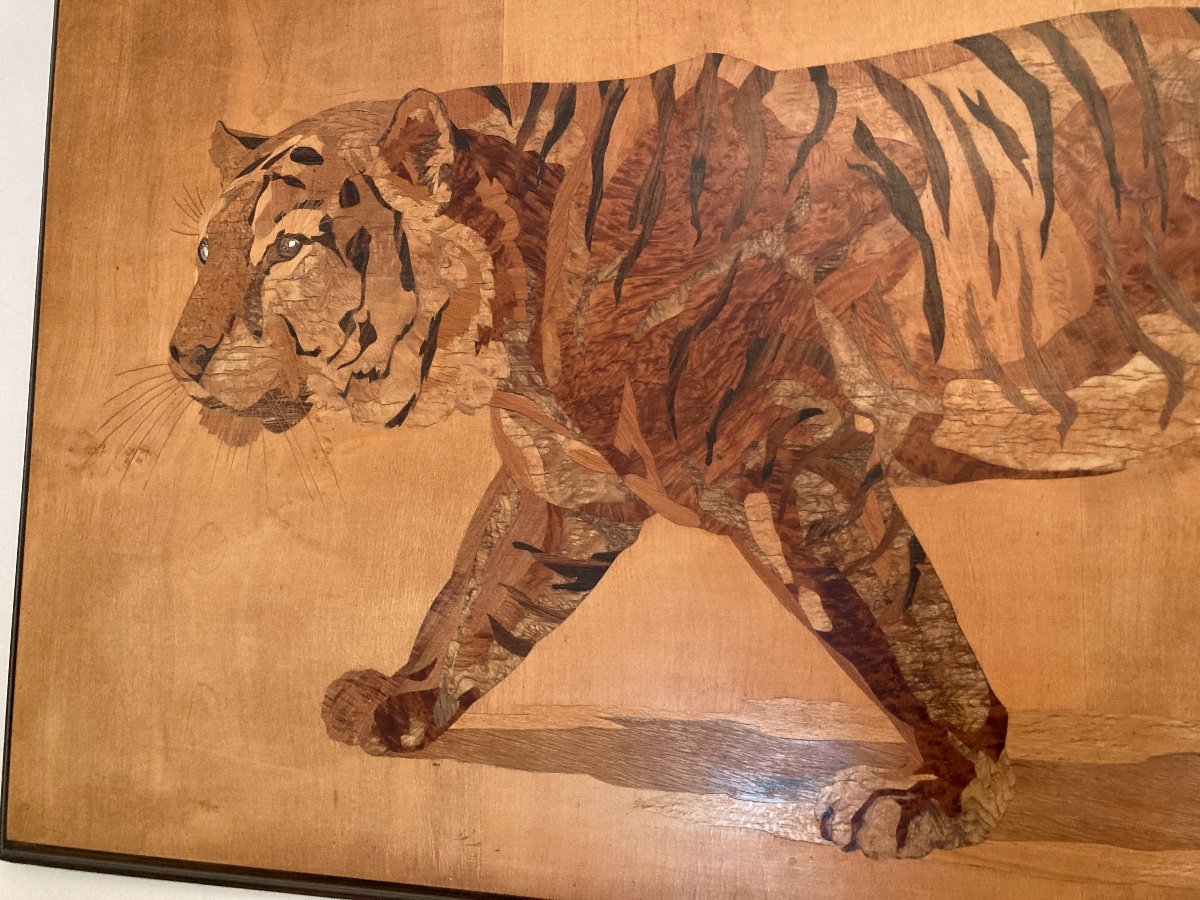 Panneau en Marqueterie de Bois Exotique, Tigre du Benghale, Signé Rosenau, Vers 1930-photo-8