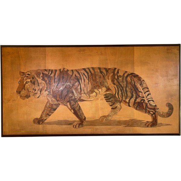 Exotic Wood Marquetry Panel, Benghale Tiger, Signed Rosenau, Circa 1930