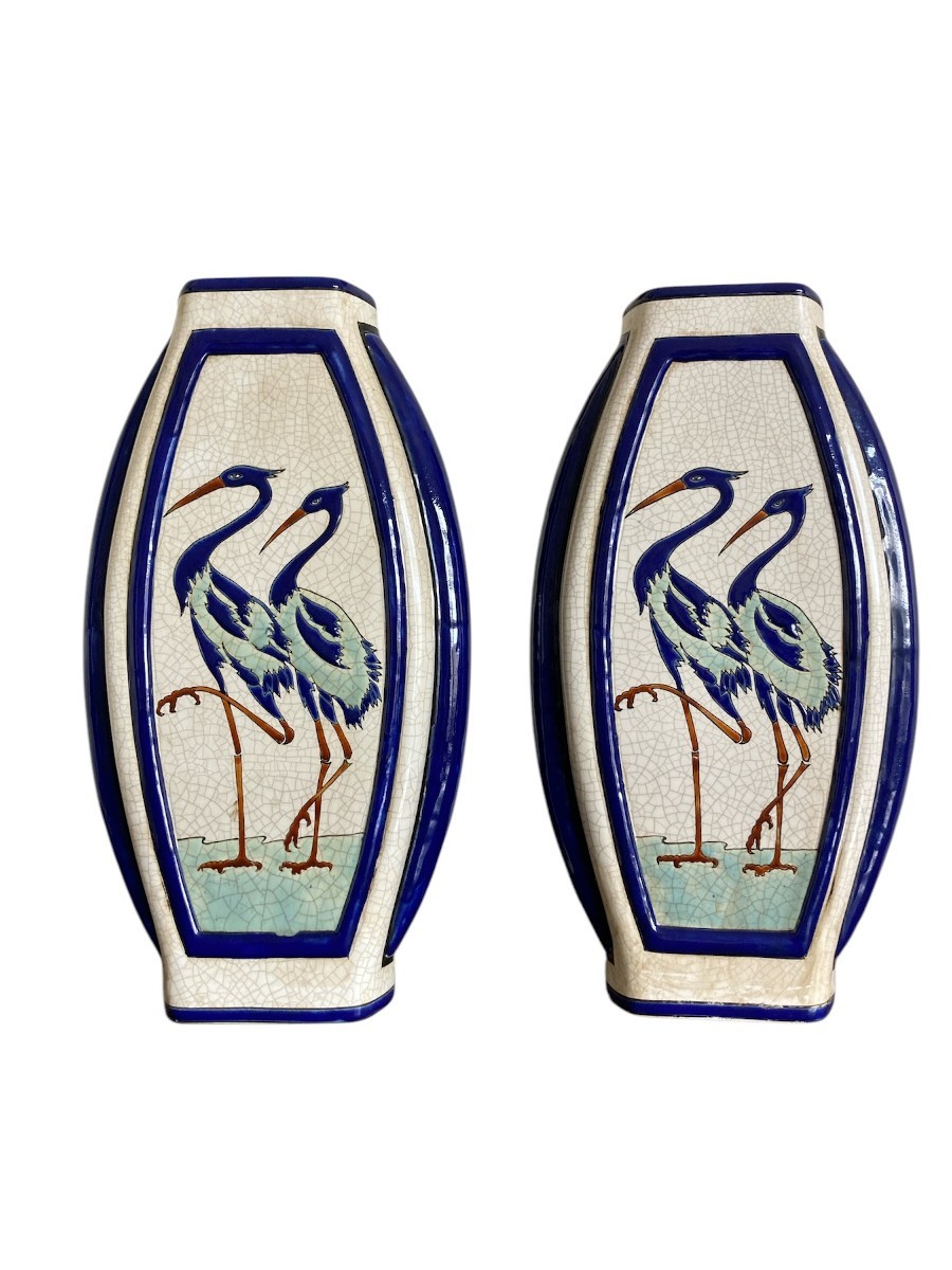Pair Of Flat Ceramic Vases, Keralouve La Louviere-photo-3