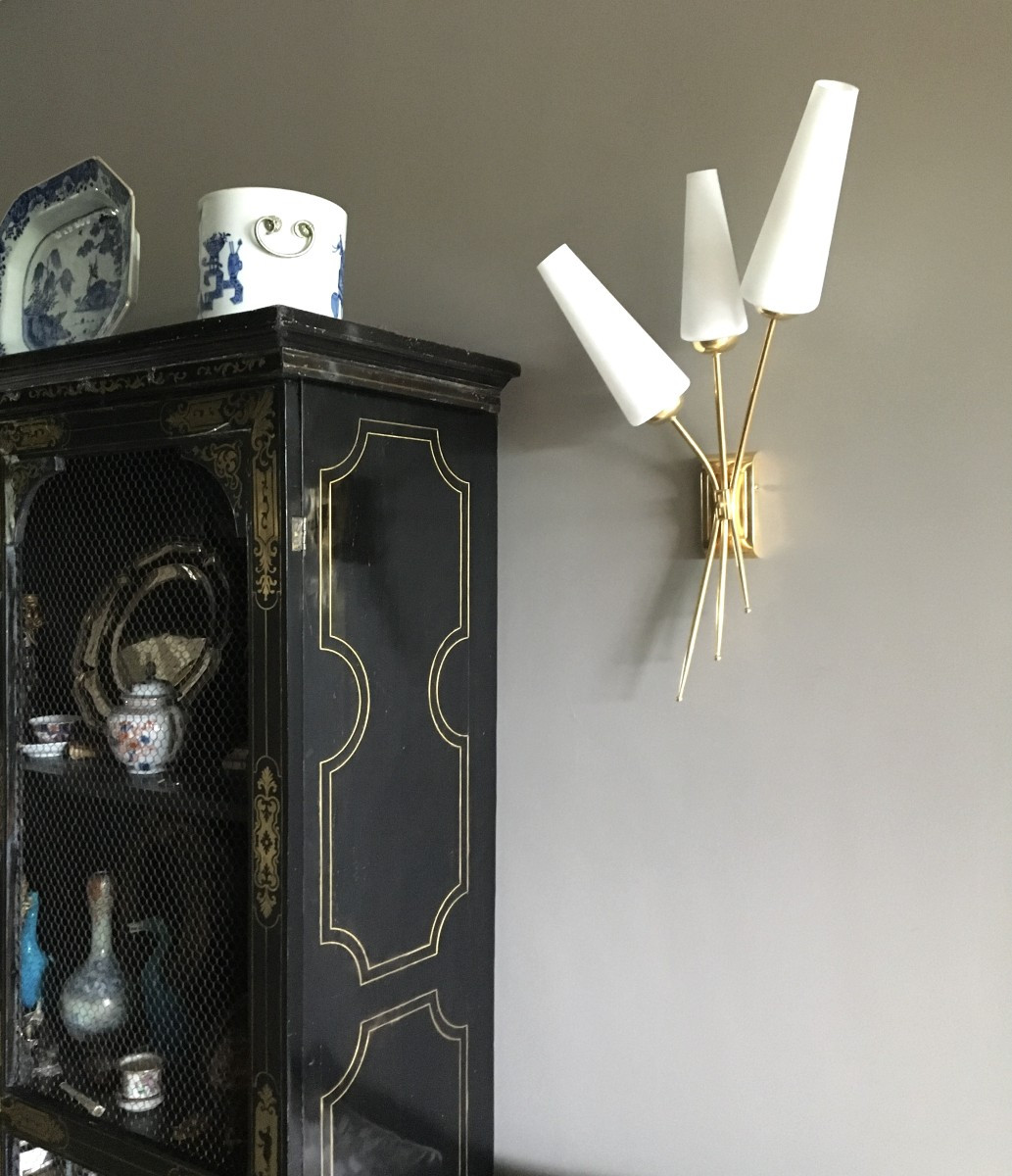 Pair Of 3-arm Wall Sconces, Brass And Glass, Circa 1950-photo-4