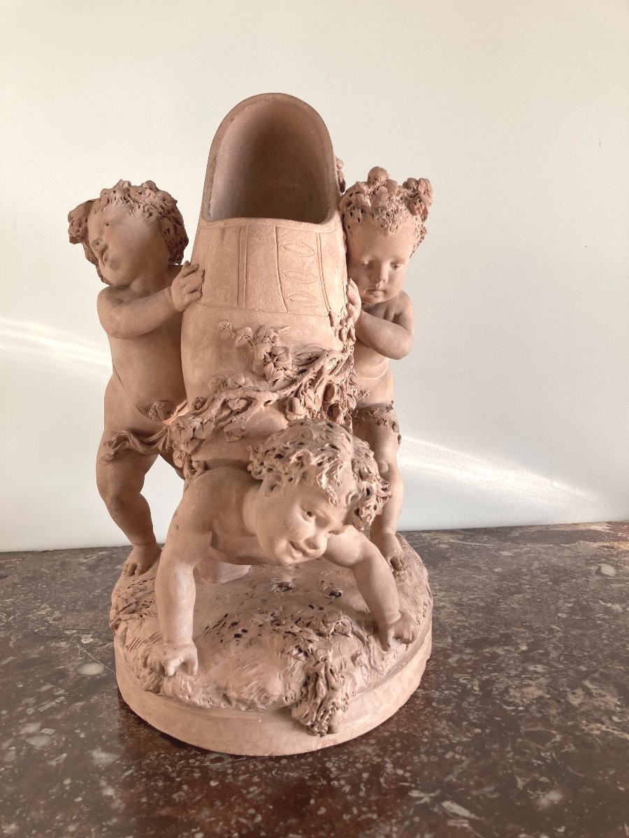Terracotta Sculpture, Luca Madrassi (1848-1919) - Allegory Of Flowers And Putti-photo-2