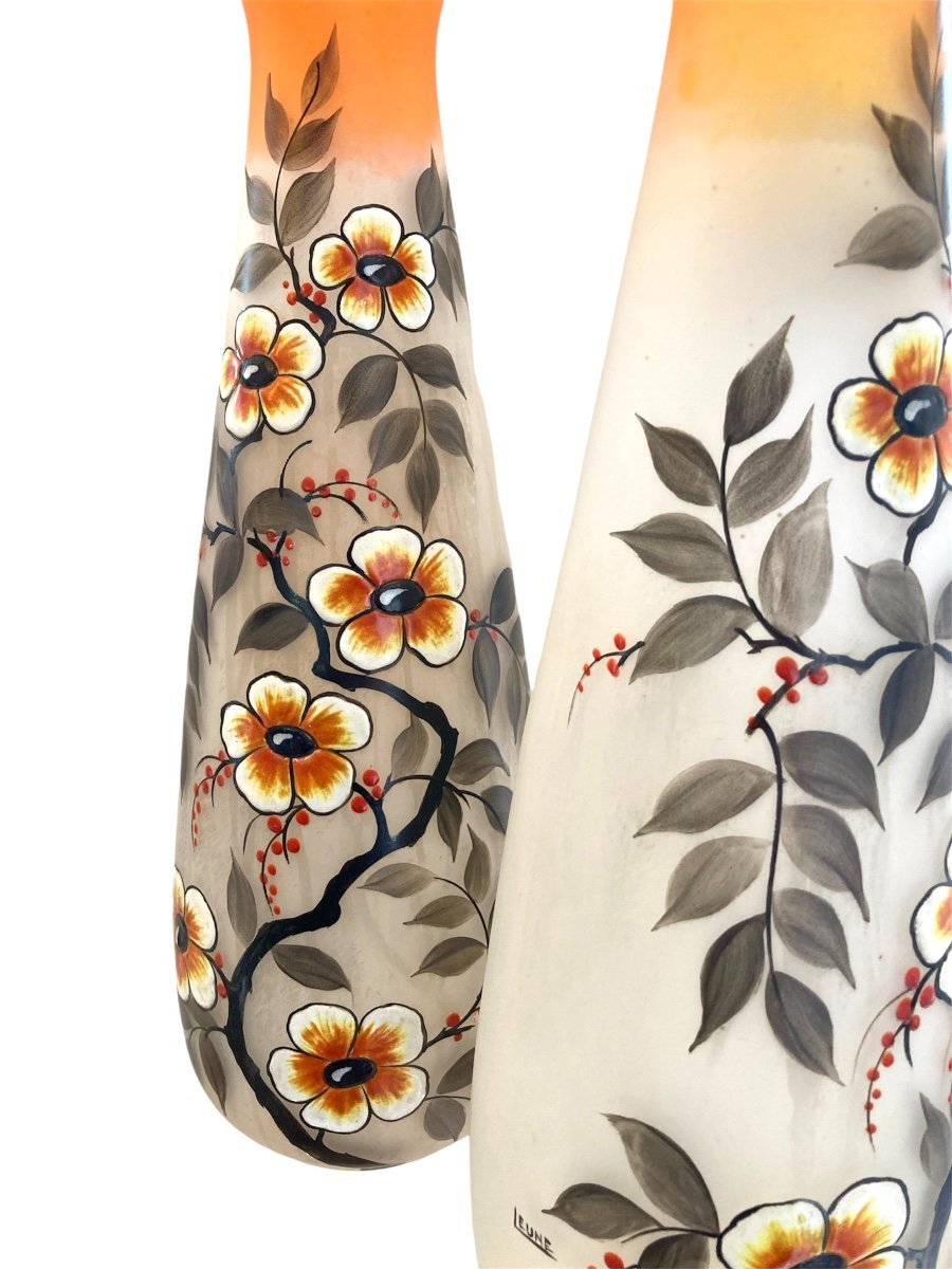 Pair Of Satin Glass Vases, Signed Leune-photo-6