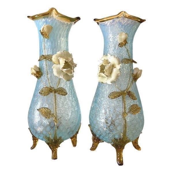 Pair Of Vases Mounted As Lamps, Granite Glass, Clichy Manufacture, Art Nouveau