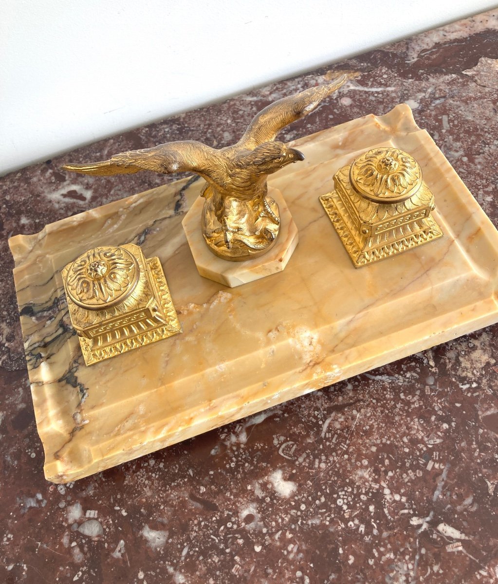 Gilt Bronze And Yellow Marble Inkwell, Late 19th Century-photo-4