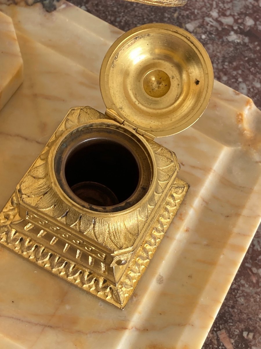 Gilt Bronze And Yellow Marble Inkwell, Late 19th Century-photo-1