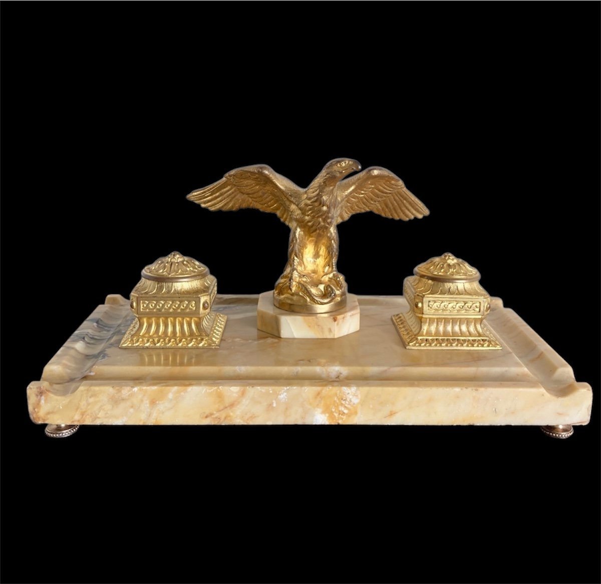 Gilt Bronze And Yellow Marble Inkwell, Late 19th Century-photo-4