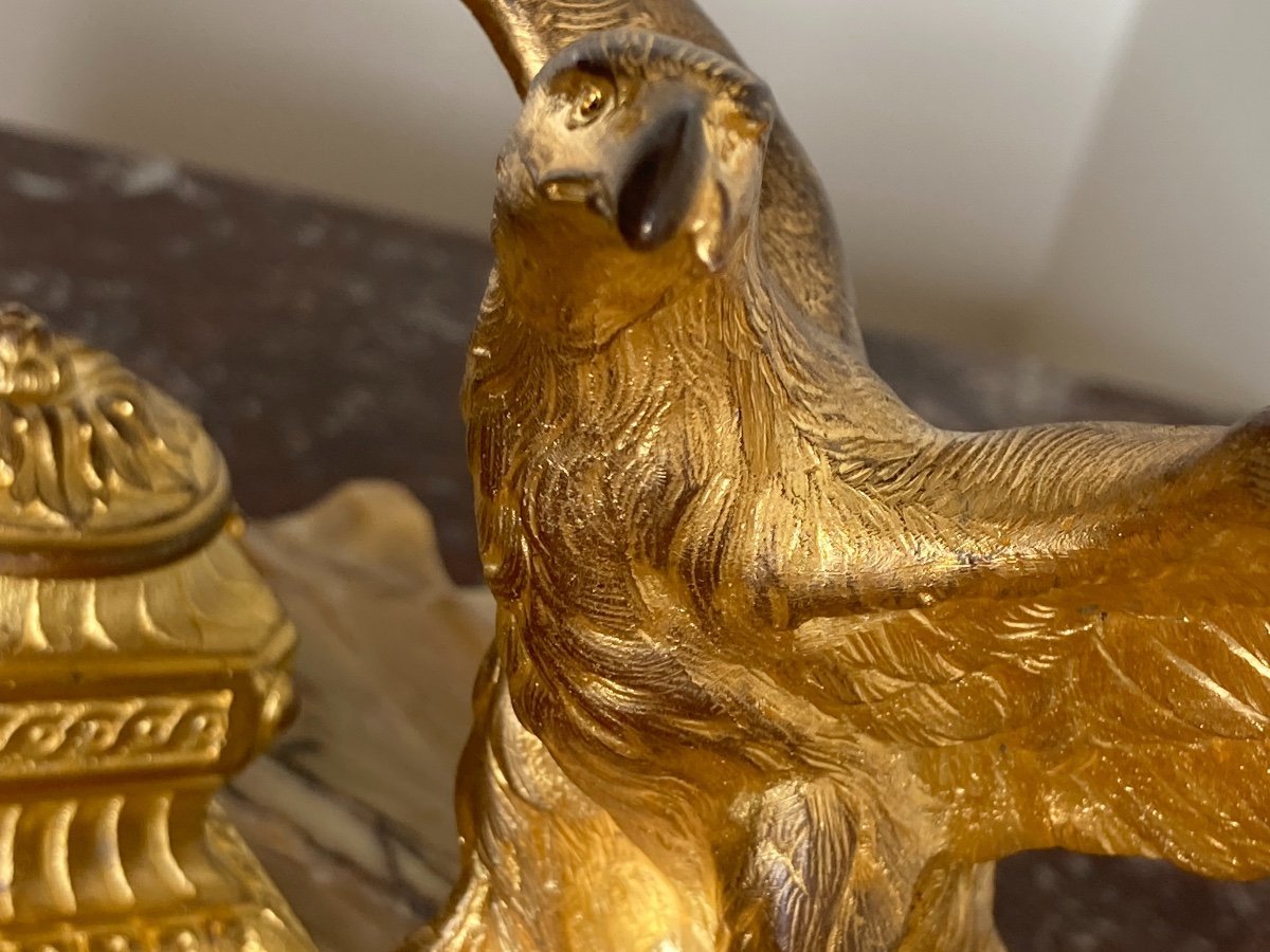 Gilt Bronze And Yellow Marble Inkwell, Late 19th Century-photo-5